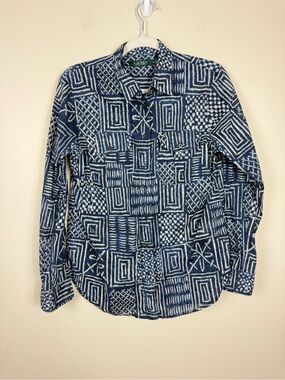 Lauren Ralph Lauren Button Down Top Women Medium Navy Blue White Patchwork
